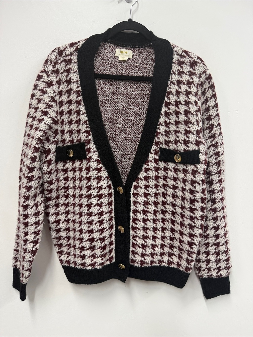 Anthropologie Maeve Houndstooth Knit Cardigan in Burgundy & Cream L - Picture 2 of 7